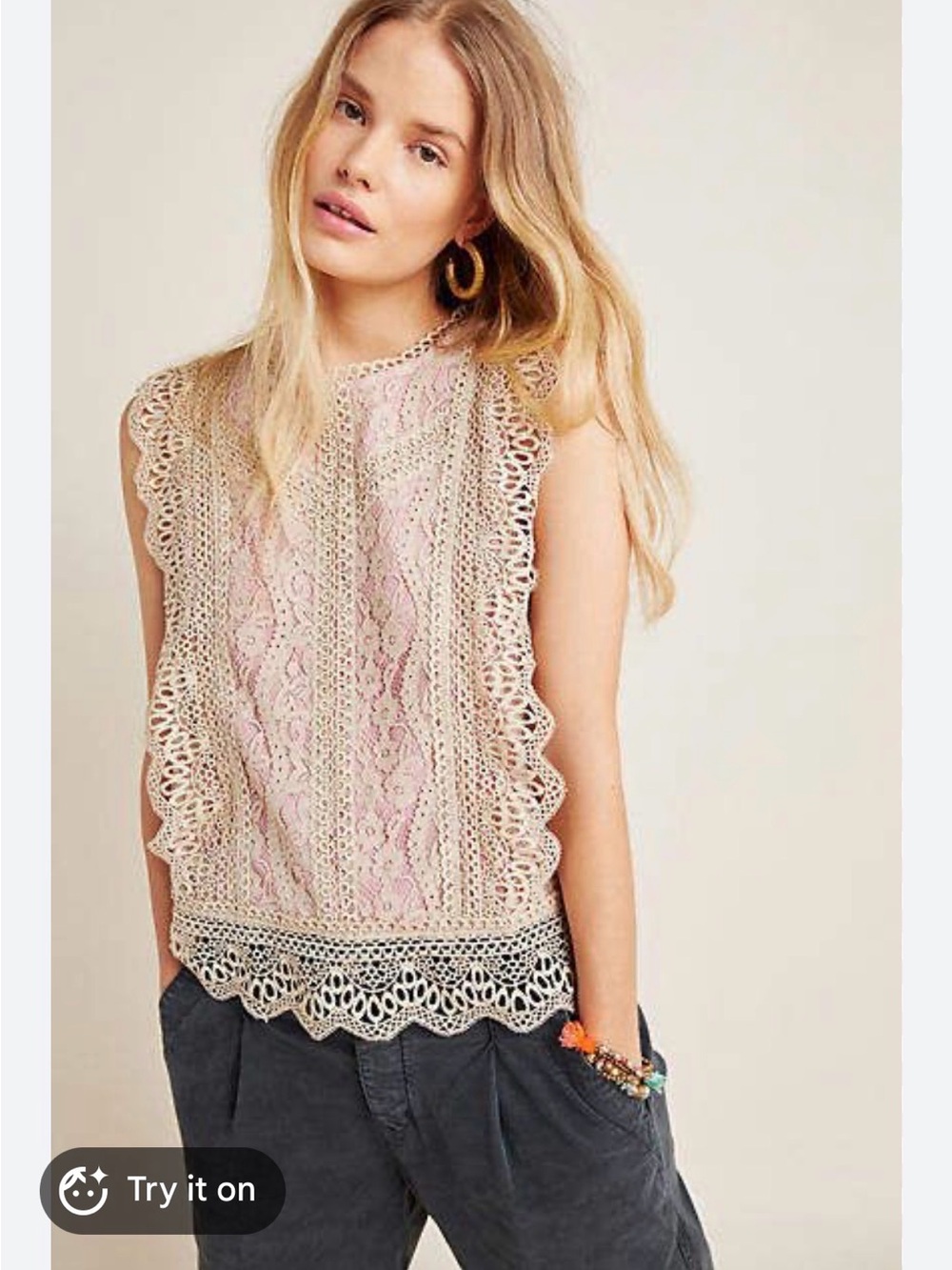 Anthropologie Eri + Ali Lace Ruffle Sleeveless Blouse Mauve Pink Cream Small